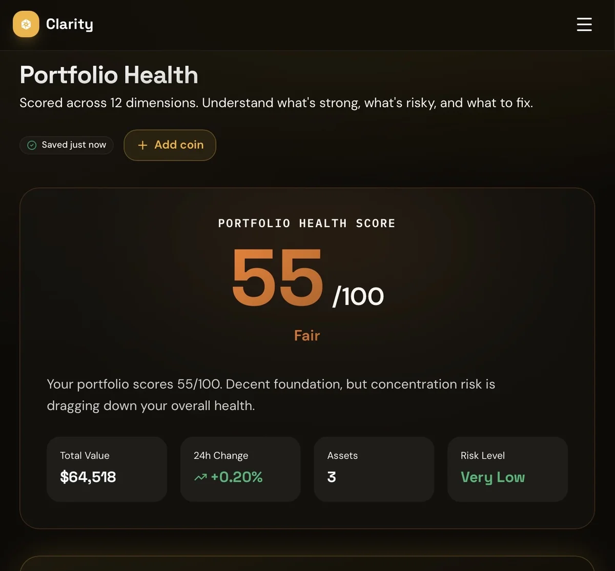 Crypto Clarity AI portfolio health score dashboard showing an overall risk score and the twelve risk dimensions