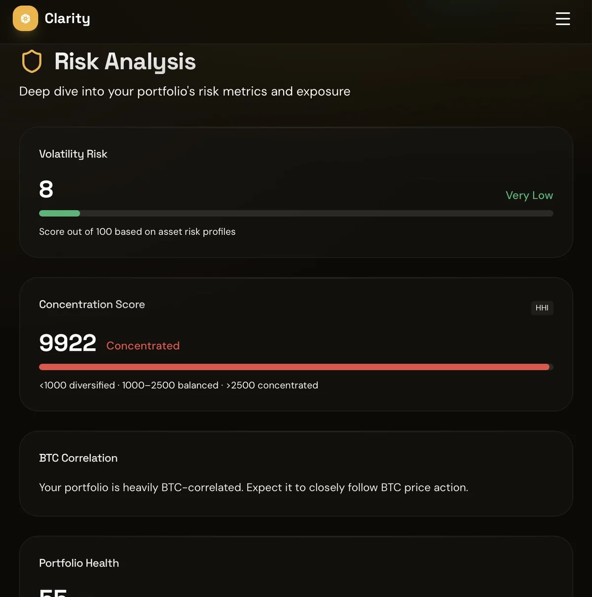 Crypto Clarity AI risk analysis screen showing volatility, concentration, BTC correlation and an overall health rating